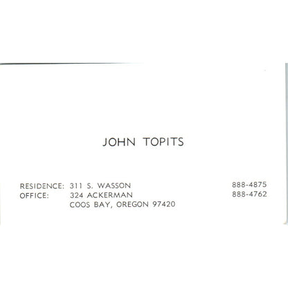 John Topits Coos Bay Oregon Vintage Business Card SD8-B16