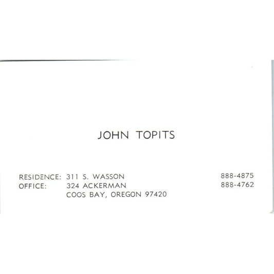 John Topits Coos Bay Oregon Vintage Business Card SD8-B16