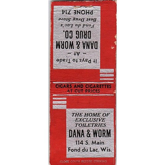 Dana & Worm Drug Co Fond Du Lac WI Vintage Matchbook Cover SC7-Y9