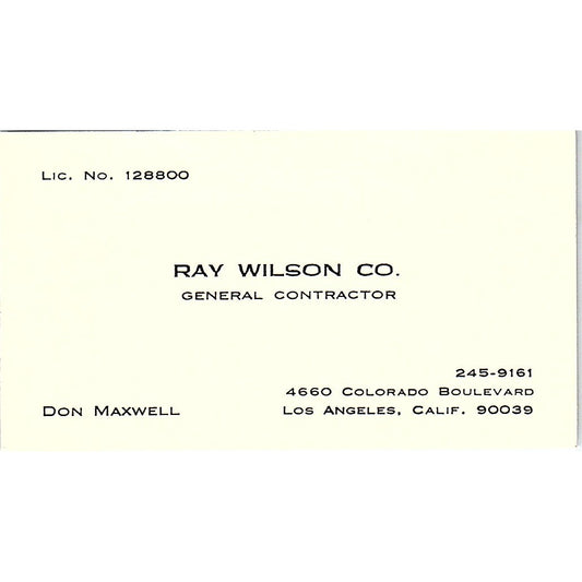 Ray Wilson Co Contractor Don Maxwell Los Angeles CA Vintage Business Card SD9-B3