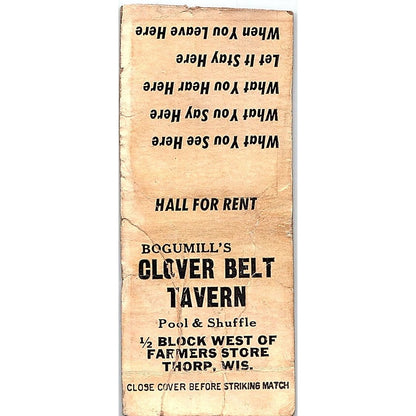 Bogumill's Clover Belt Tavern Thorp WI Vintage Matchbook Cover SF3-Y1