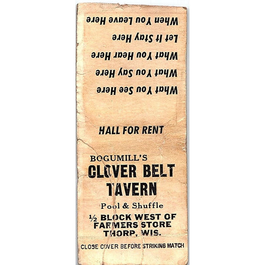 Bogumill's Clover Belt Tavern Thorp WI Vintage Matchbook Cover SF3-Y1