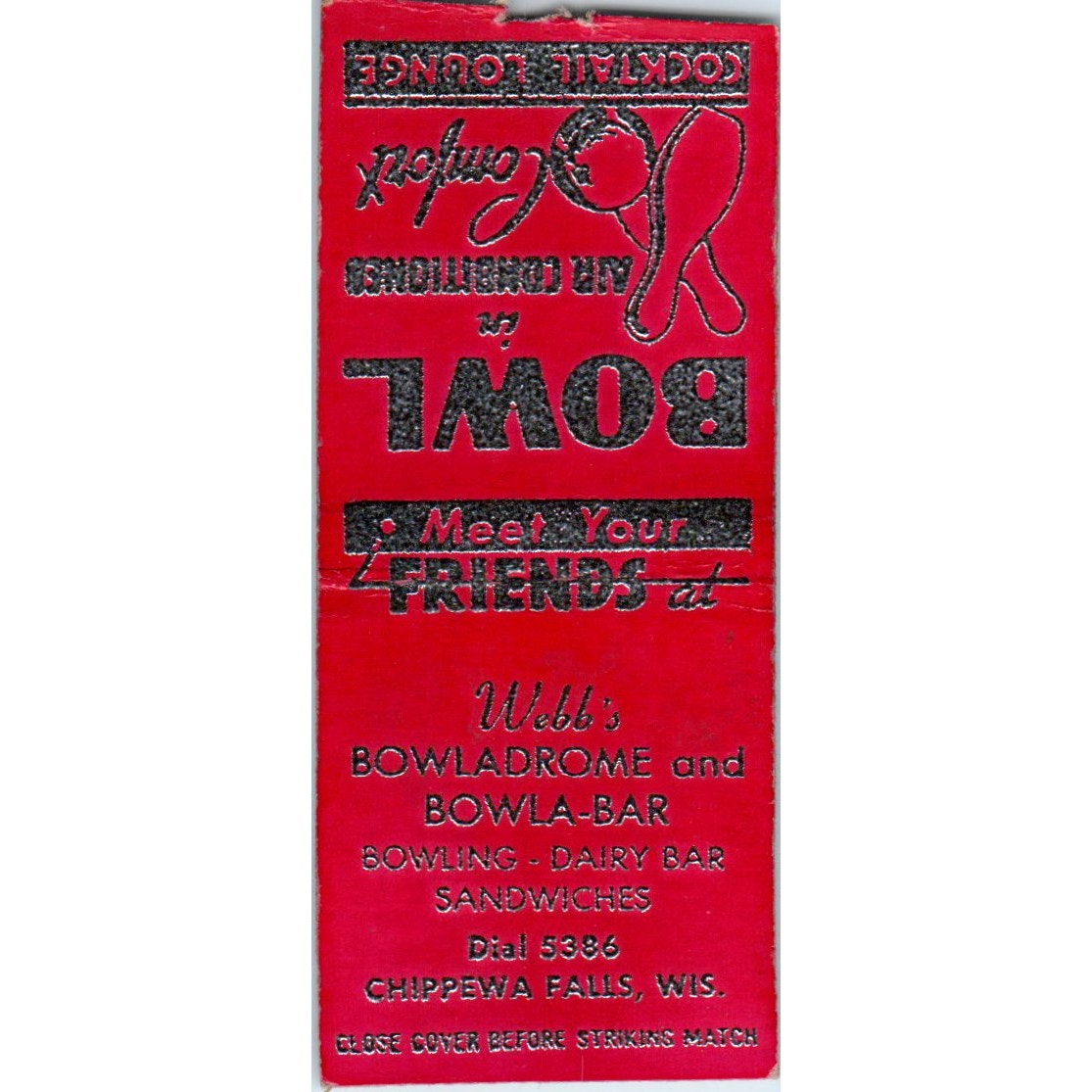 Webb's Bowladrome & Bowla-Bar Chippewa Falls WI Vintage Matchbook Cover SD2-Y12