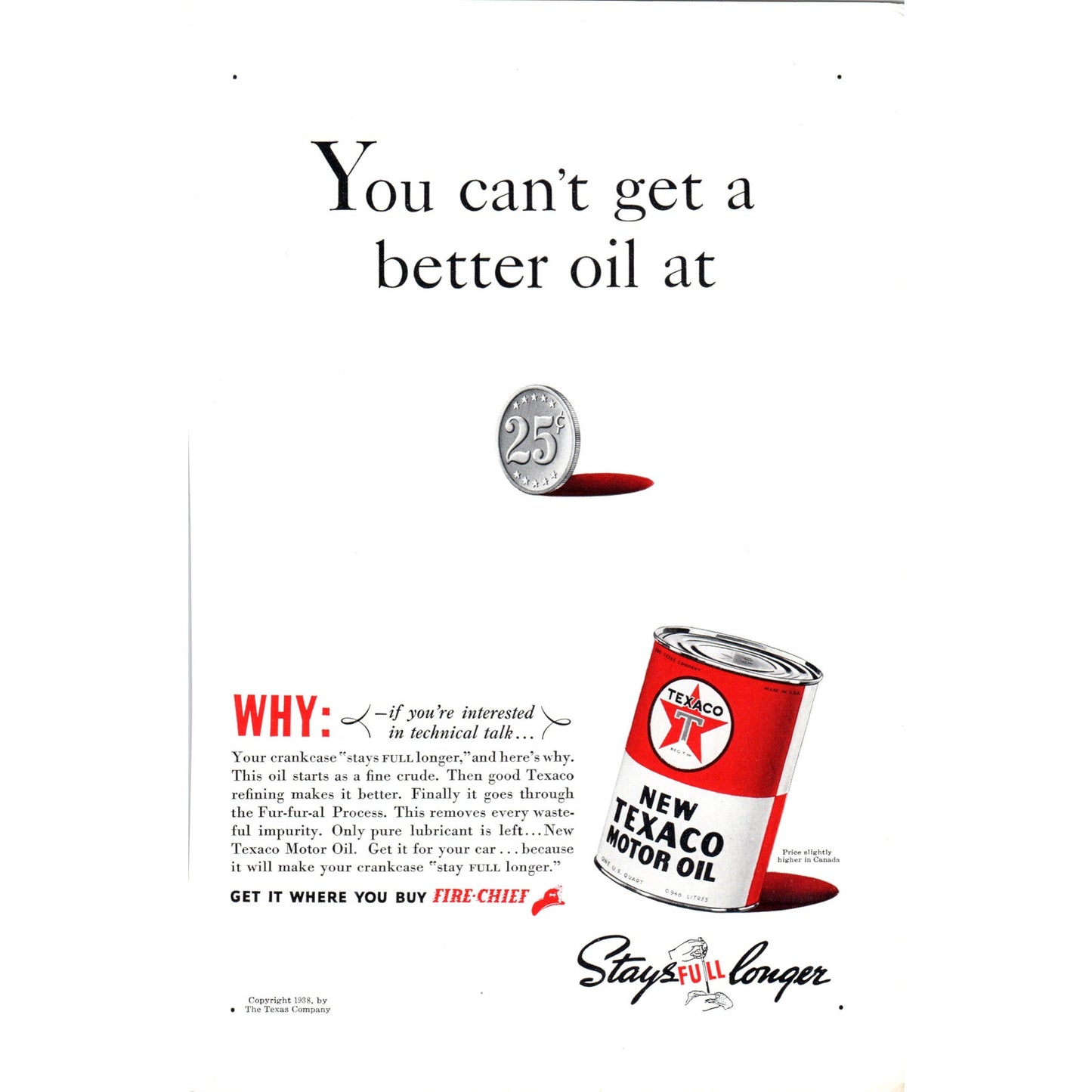 1938 Texaco Motor Oil Fire-Chief - Vintage Magazine Ad D18