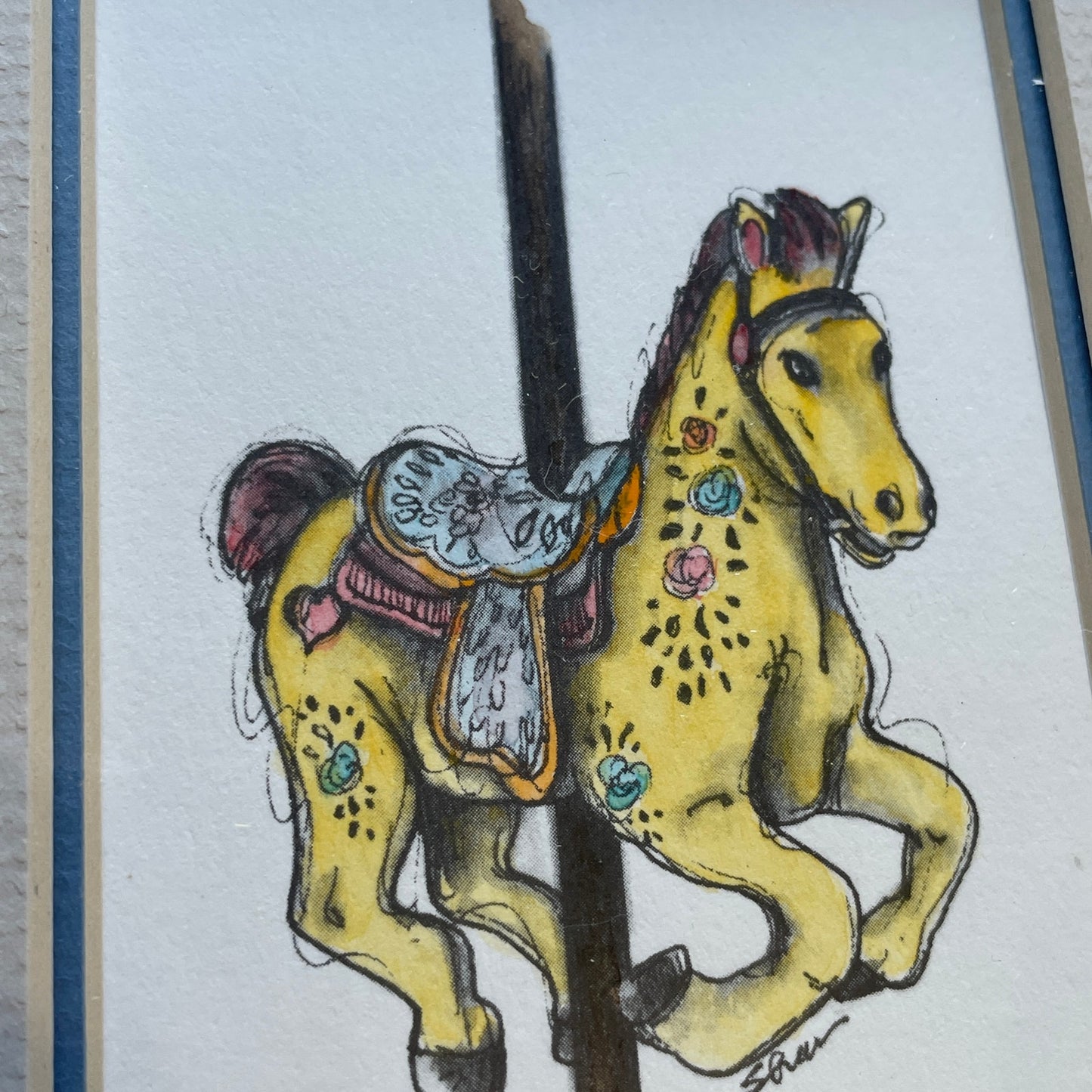 Yellow Carousel Horse 5x7 Matted Print Hand Watercolor, Signed Shar Coulson