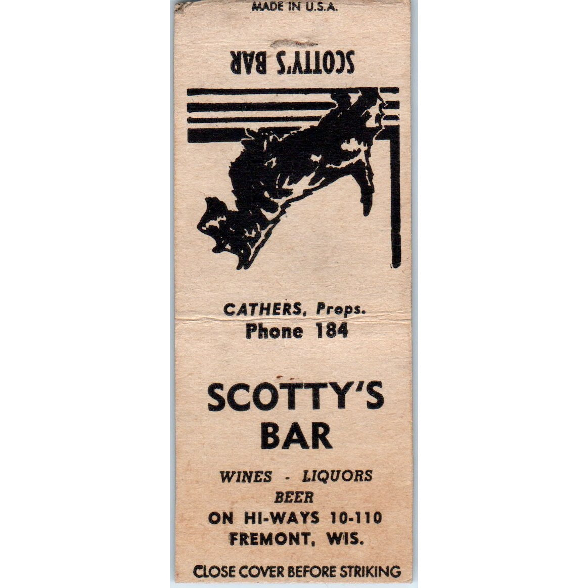 Scotty's Bar Cathers Fremont WI Vintage Matchbook Cover SD4-Y2