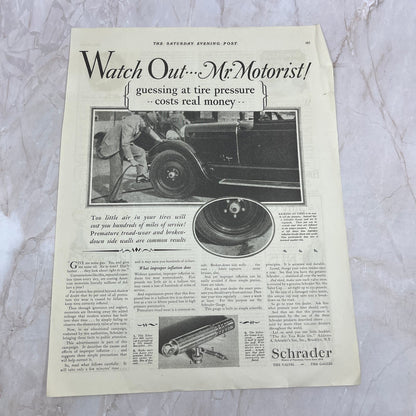 Schrader Pneumatic Tire Valves Gauges 1928 Original Magazine Advertisement FL6-8