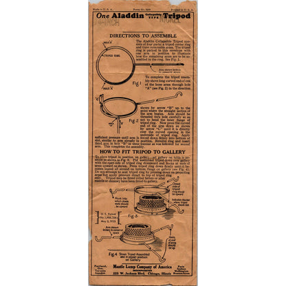 Aladdin Lamp Collapsible Tripod Assembly Instruction Card Mantle Lamp Co K23