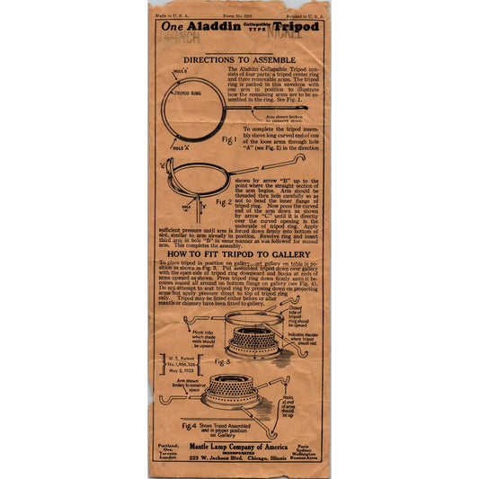 Aladdin Lamp Collapsible Tripod Assembly Instruction Card Mantle Lamp Co K23