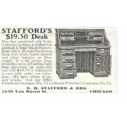 E.H. Stafford & Bro Desk Chicago c1905 Original Magazine Advertisement AE7-SA1