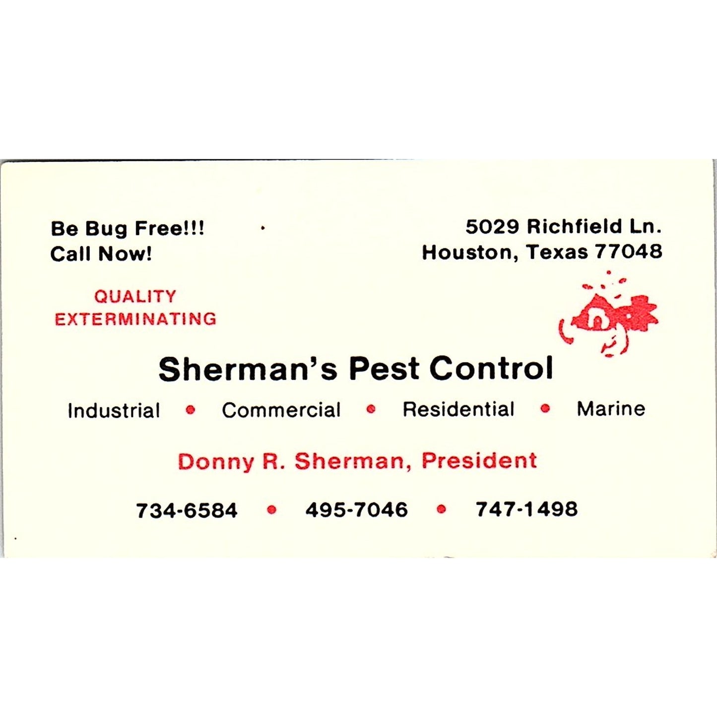 Sherman's Pest Control Donny R. Sherman Houston TX Vintage Business Card SB4-B1