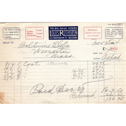 Louis Rothstein Value House Boston 1924 Original Billhead Letterhead Receipt D8-LL