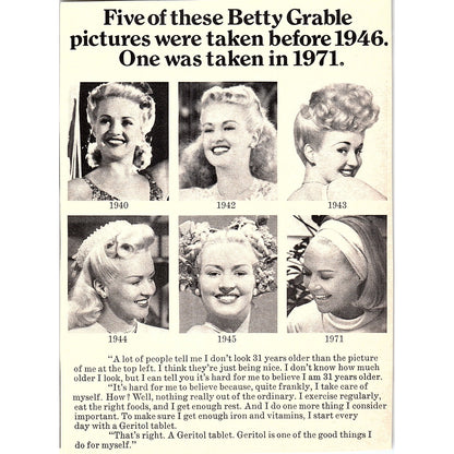 Betty Grable 1946 - 1971 Pictures Geritol Tablets 1972 Ad AF3-16