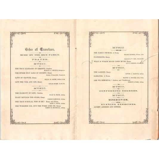 Original 1864 Adrian College Commencement Program Michigan K23