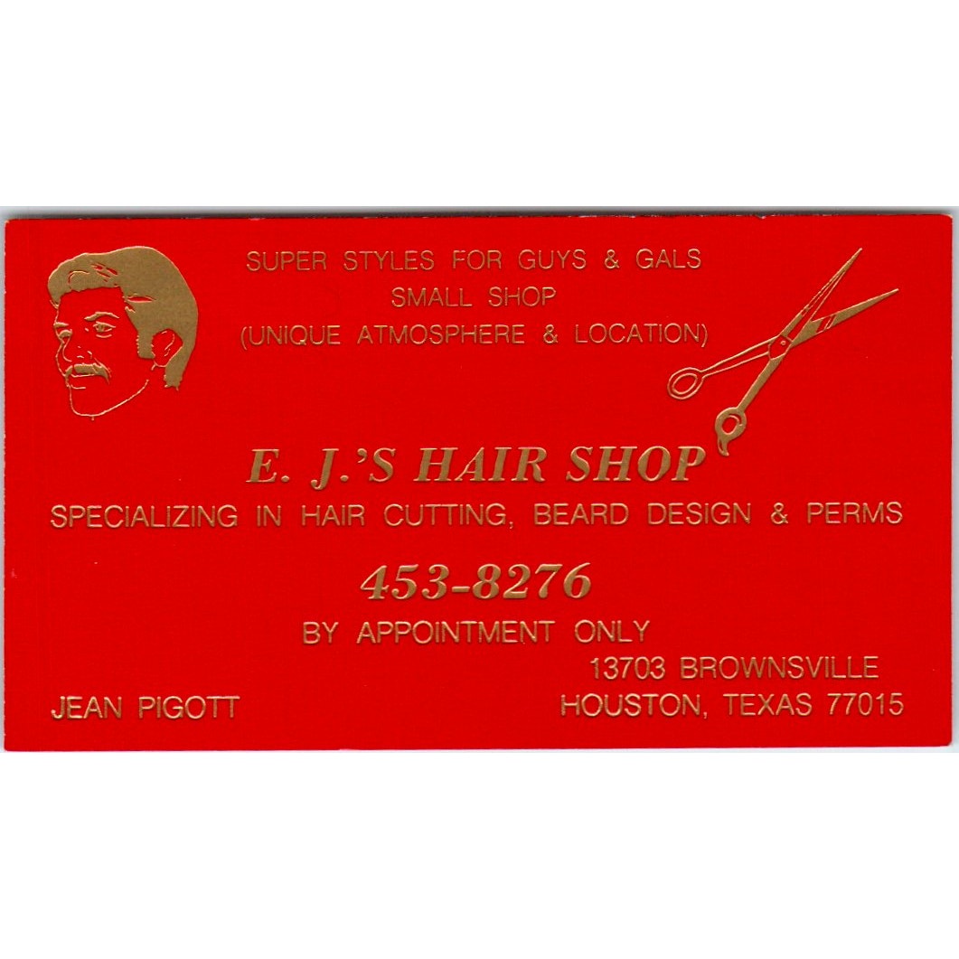 E.J.'s Hair Shop Jean Pigott Houston TX Vintage Business Card SD8-B11