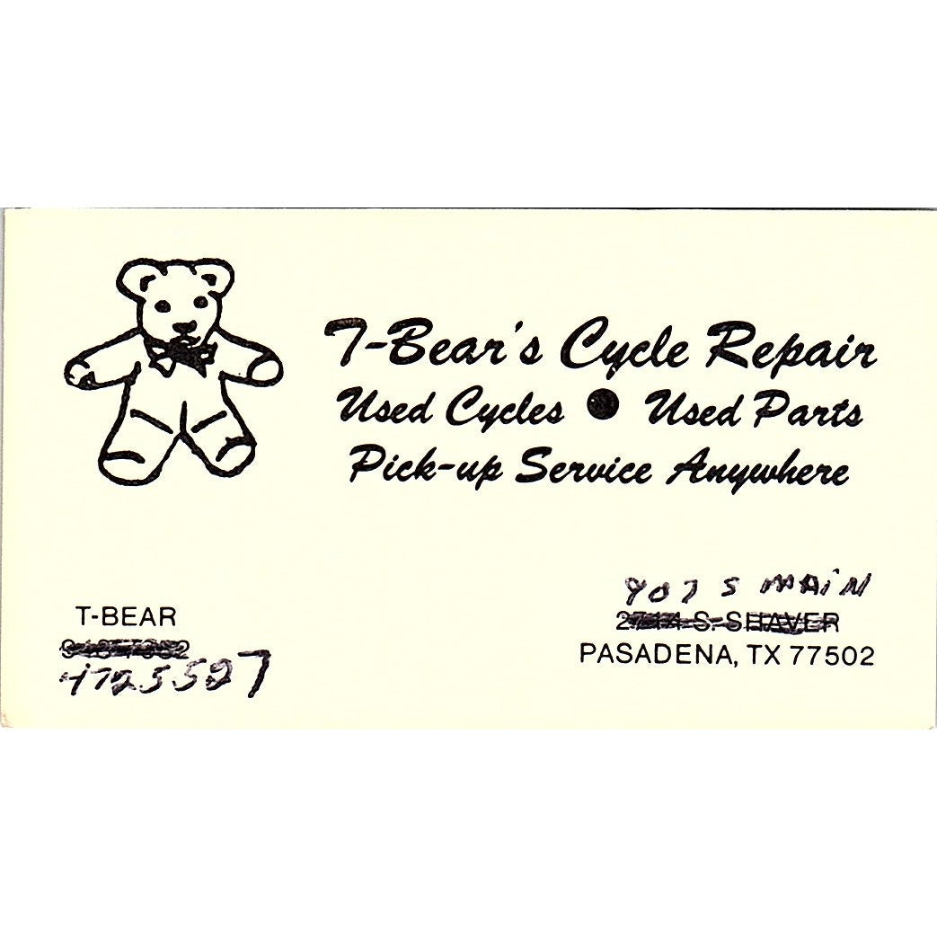 T-Bear Cycle Repair Pasadena Texas Vintage Business Card SE3-B14