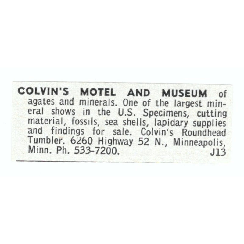 Colvin's Motel & Museum Lapidary Supply Minneapolis MN 1964 Magazine Ad AB6-LJS1