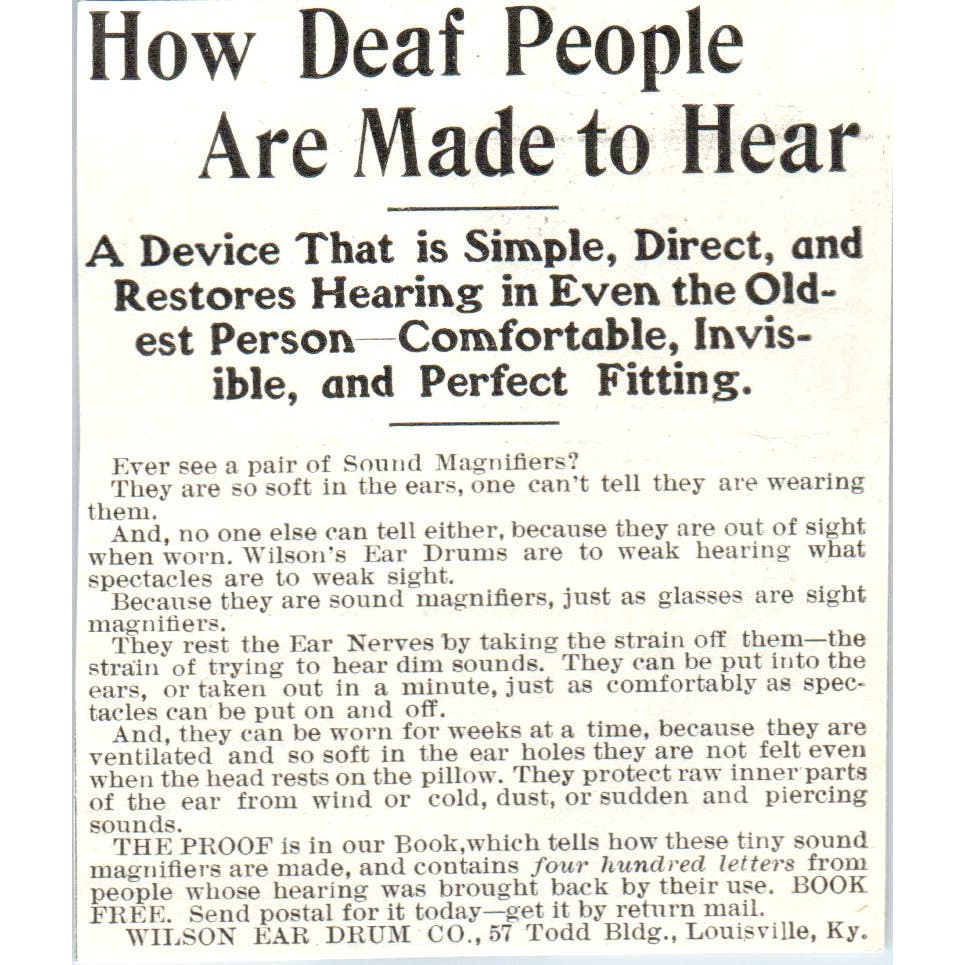 Wilson Ear Drum Co Louisville KY c1905 Original Magazine Advertisement AE7-A3