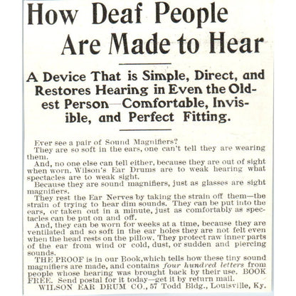 Wilson Ear Drum Co Louisville KY c1905 Original Magazine Advertisement AE7-A3