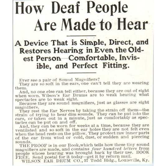 Wilson Ear Drum Co Louisville KY c1905 Original Magazine Advertisement AE7-A3