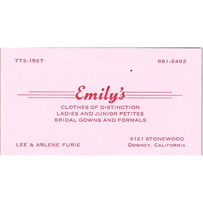 Emily's Ladies Clothes Lee & Arlene Furie Downey CA Vintage Business Card SE5-B4