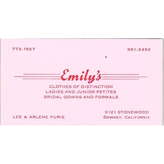 Emily's Ladies Clothes Lee & Arlene Furie Downey CA Vintage Business Card SE5-B4