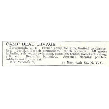 Camp Beau Rivage Portsmouth Miss Wemberly c1918 Original Advertisement AE5-SA6