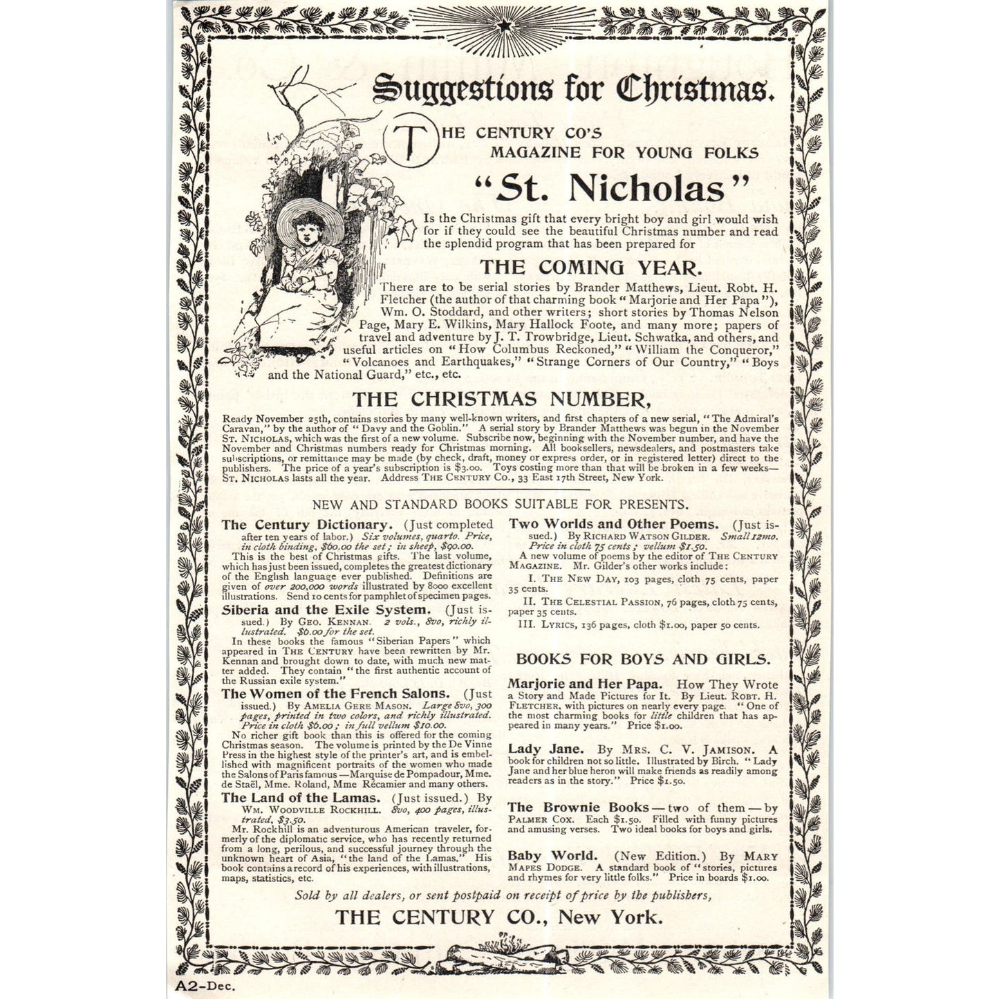 The Century Co Suggestions for Christmas St. Nicholas c1890 Victorian Ad AE8