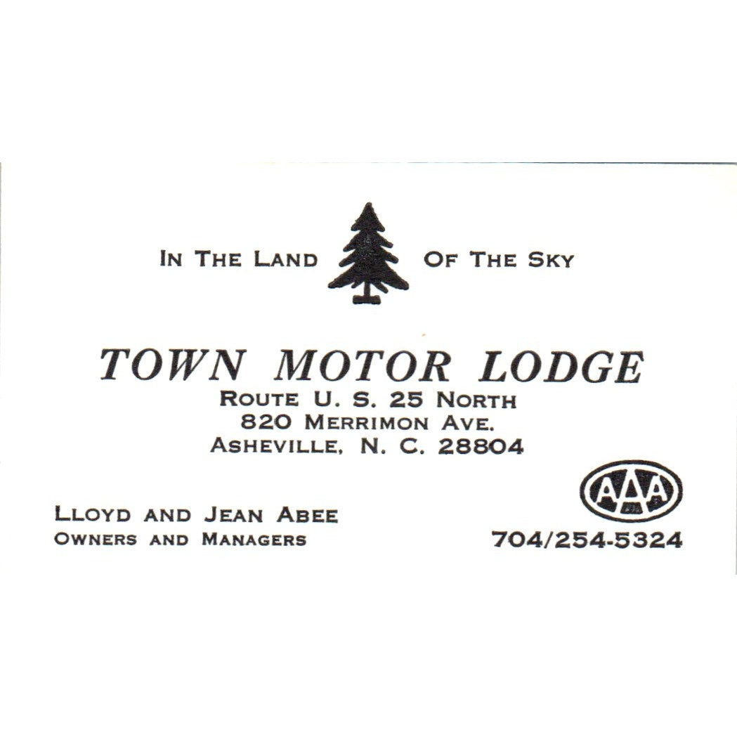 Town Motor Lodge Lloyd & Jean Abee Asheville NC Vintage Business Card SD8-B22