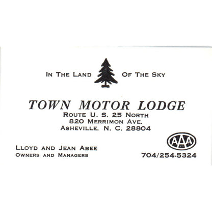 Town Motor Lodge Lloyd & Jean Abee Asheville NC Vintage Business Card SD8-B22