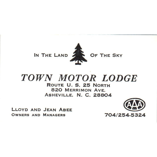 Town Motor Lodge Lloyd & Jean Abee Asheville NC Vintage Business Card SD8-B22