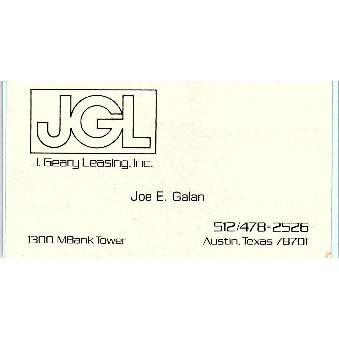 Joe E. Galan J. Geary Leasing Inc JGL Austin TX Vintage Business Card SC9-B13