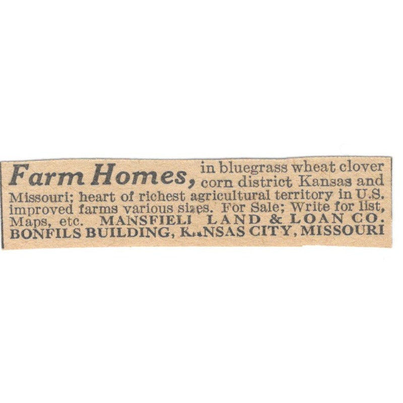 Farm Homes Mansfield Land and Loan Co Kansas City MO 1920 Ad AG2-S2