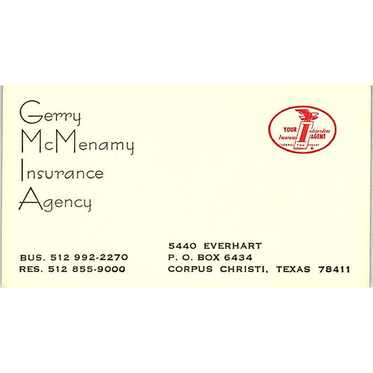 Gerry McMenamy Ins Agency Corpus Christi TX Vintage Business Card SD9-B12