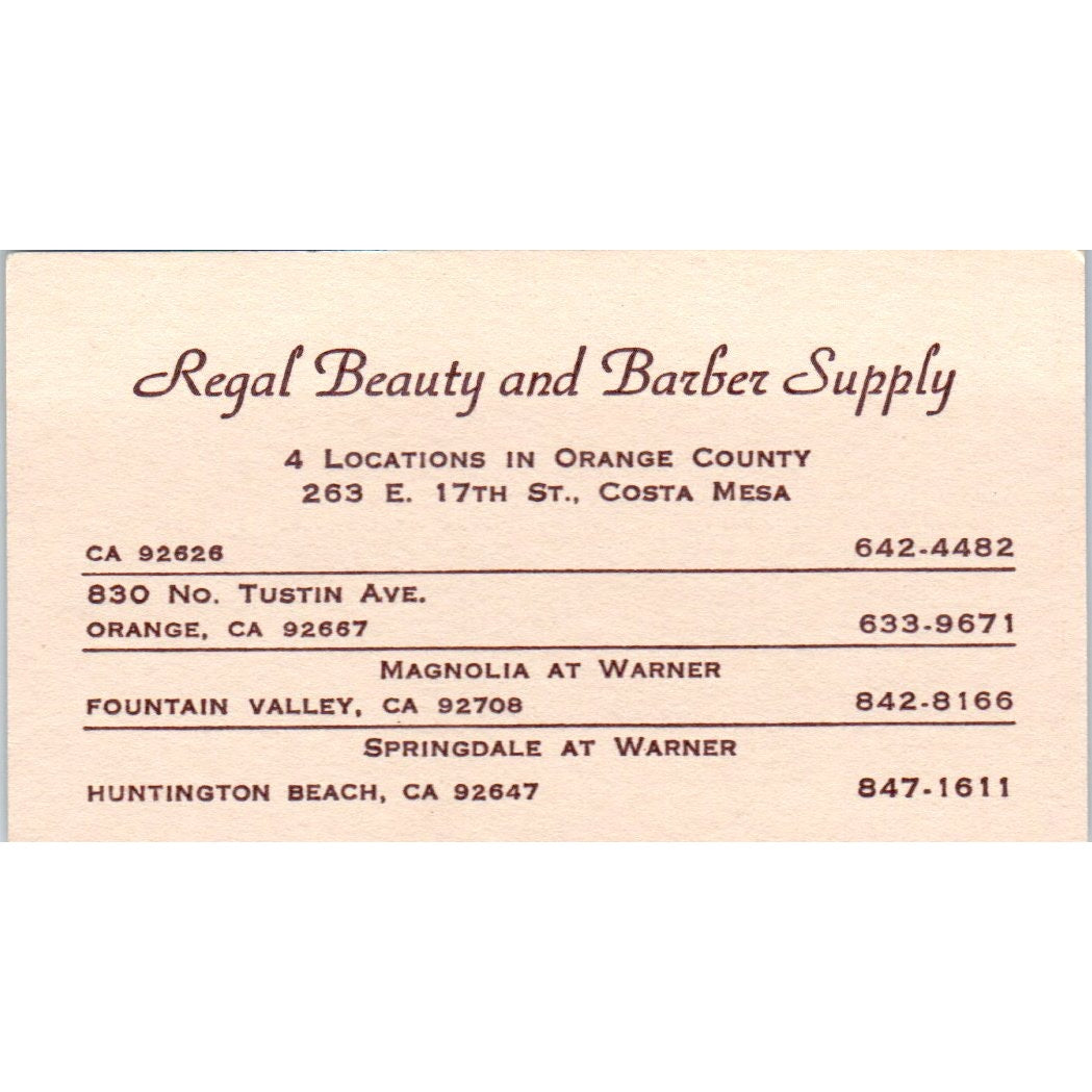 Regal Beauty & Barber Supply Costa Mesa CA Vintage Business Card SD8-B11