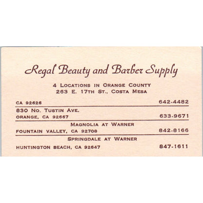 Regal Beauty & Barber Supply Costa Mesa CA Vintage Business Card SD8-B11