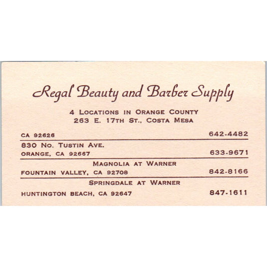 Regal Beauty & Barber Supply Costa Mesa CA Vintage Business Card SD8-B11