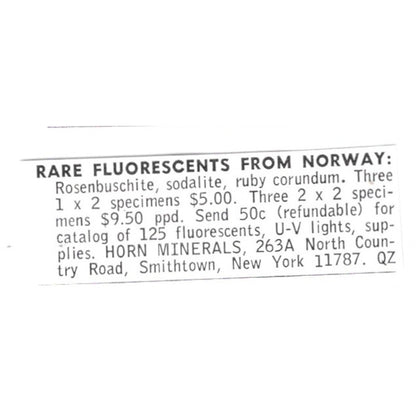 Horn Minerals Fluorescents from Norway Smithtown NY 1972 Ad AF8-S9