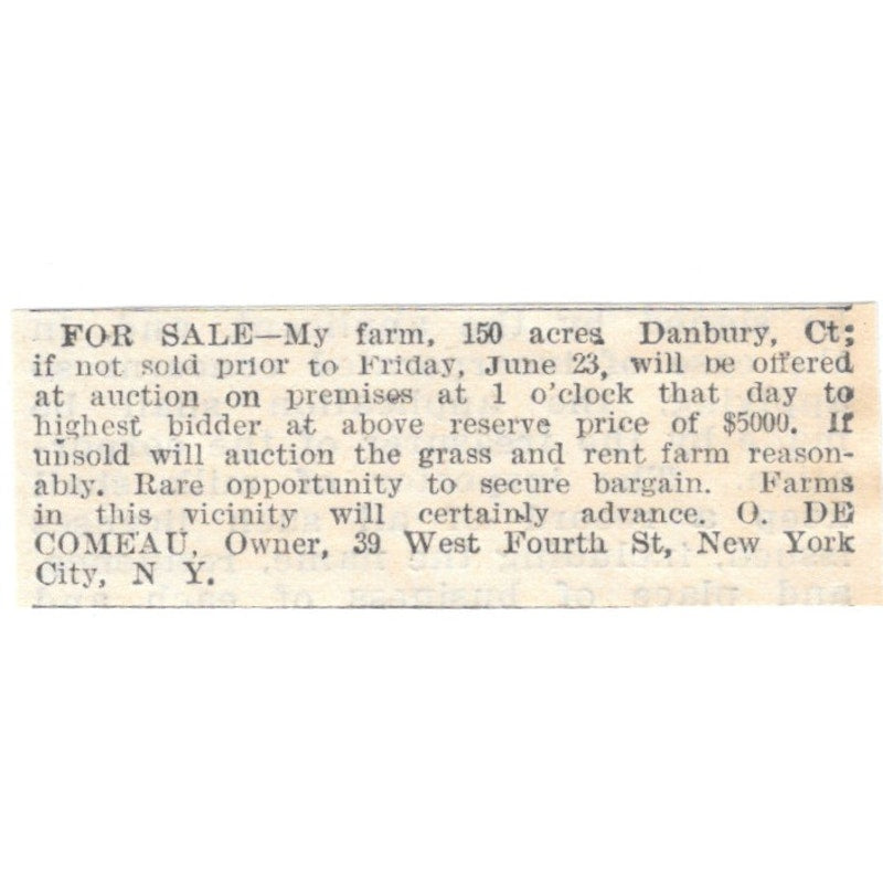 Danbury CT Farm for Sale O. De Comeau NY 1905 Magazine Ad AF1-NES2