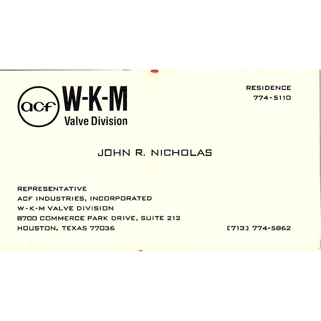 John R Nicholas WKM Valve Division Houston Vintage Business Card SC9-B13