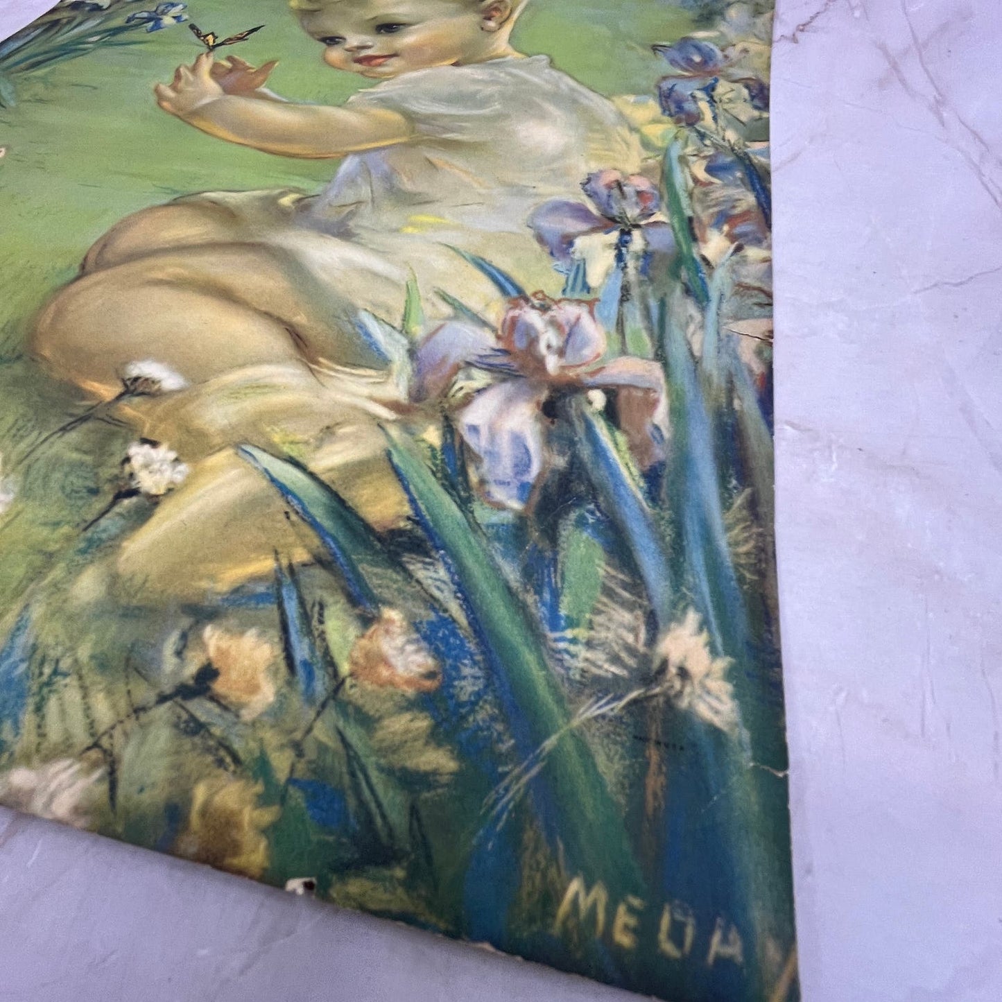 Baby With Butterfly Meda Vintage Art Print Lithograph 10x15 FL6-3