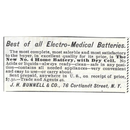 Electro-Medical Batteries J.H. Bunnell & Co NY c1890 Victorian Ad AE9-CH2