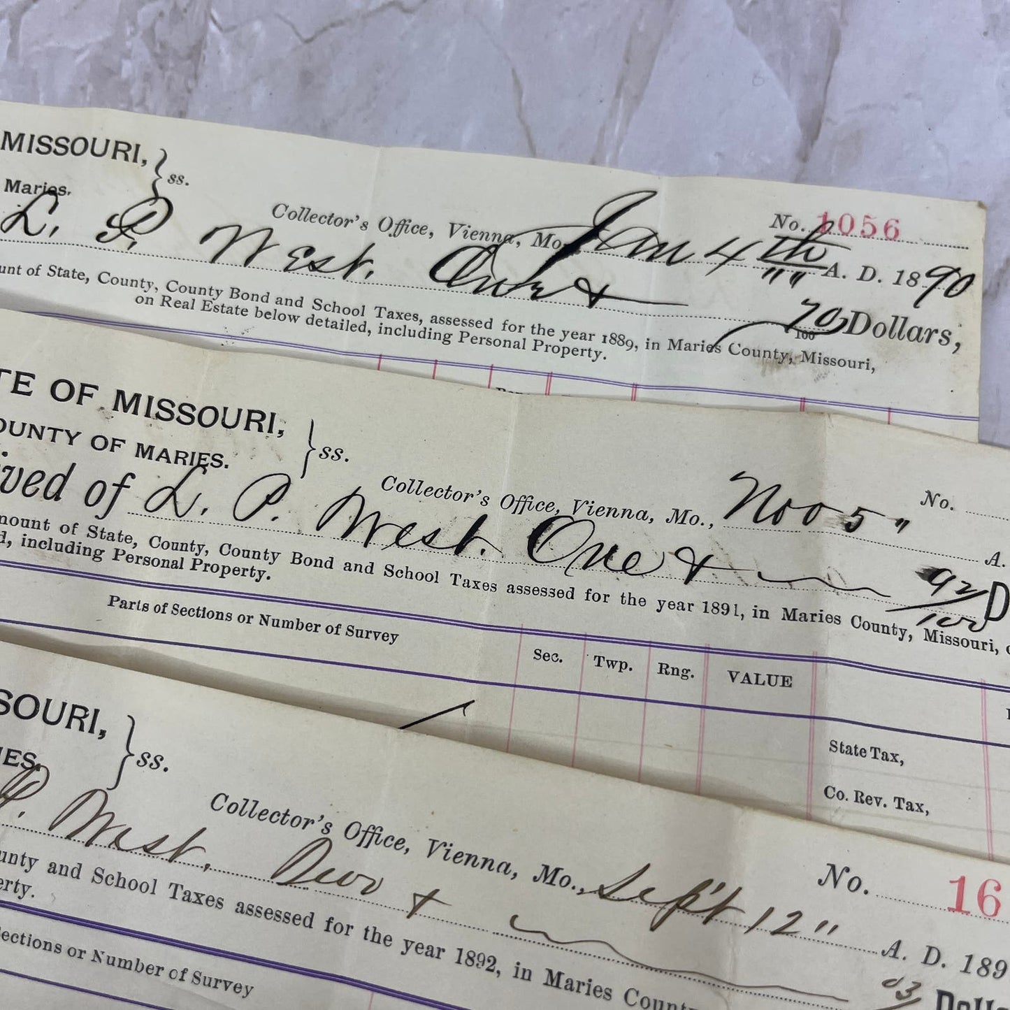 1890s State of MO County of Maries Tax Collection Receipts Lot Vienna TG9-E2-2