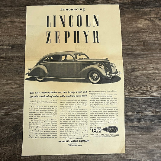 New Lincoln Zephyr Gramling Motor Co Minneapolis 1935 Newspaper Ad V1-9
