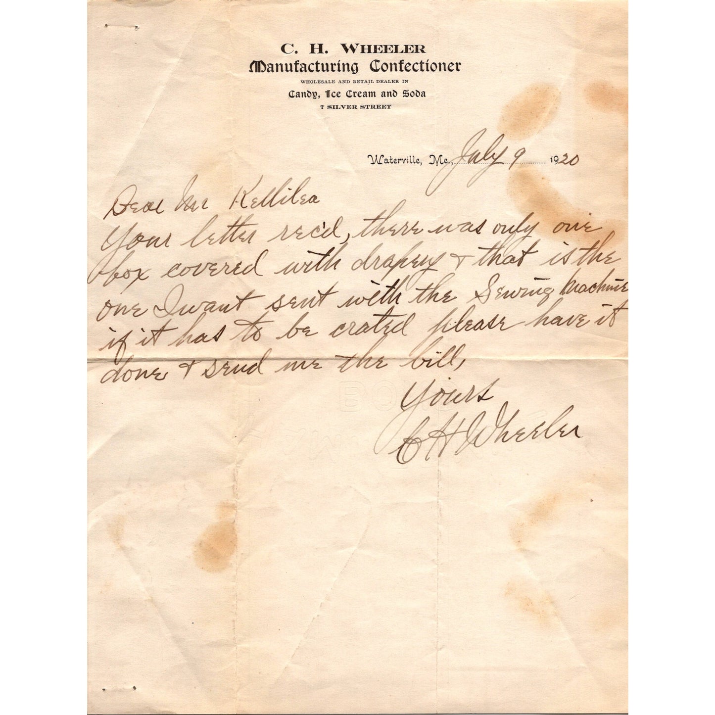 C.H. Wheeler Confectioner Waterville ME 1920 Letterhead & Envelope WA C7