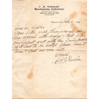C.H. Wheeler Confectioner Waterville ME 1920 Letterhead & Envelope WA C7