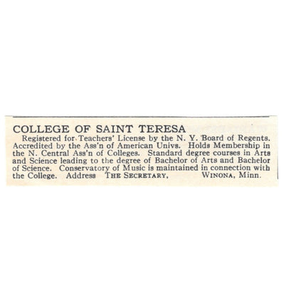 College of Saint Teresa Winona Minnesota 1924 Magazine Ad AD8-O8