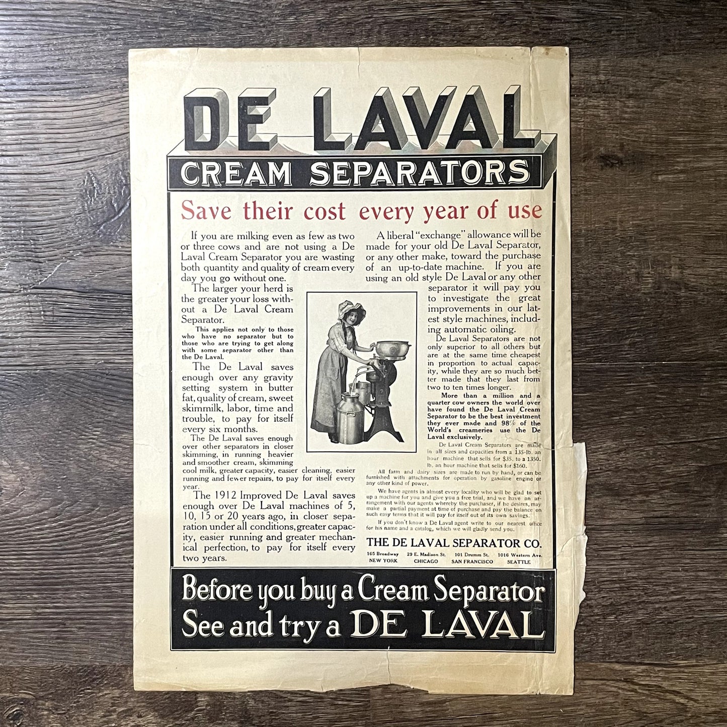 1912 De Laval Cream Separator Co Chicago NY Vintage Magazine Ad 11x15 V11