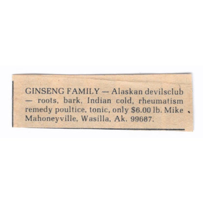 Ginseng Family Alaska Devilsclub Mike Maloneyville Wasilla- 1/2x2 1974 Ad AF6-S6