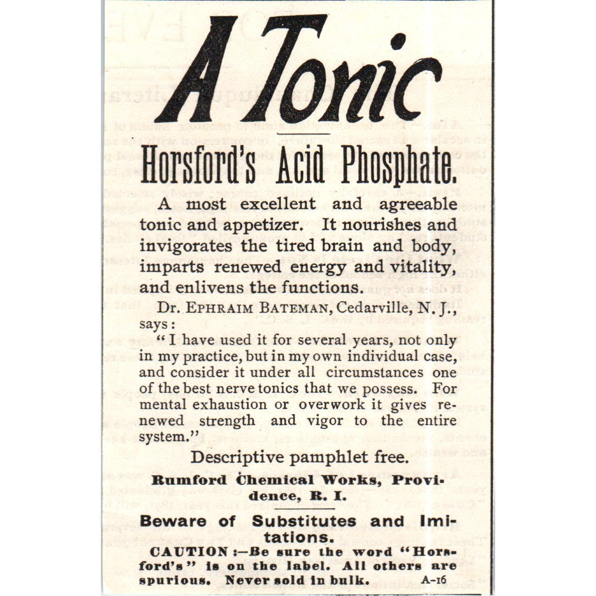 A Tonic - Horsford's Acid Phosphate Rumford Chemical Works c1890 Ad AE8-CH7